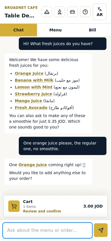 The guest asks for one regular orange juice with no smoothie; the chat confirms and the cart shows 1 item, 3.00 JOD, Review and confirm.