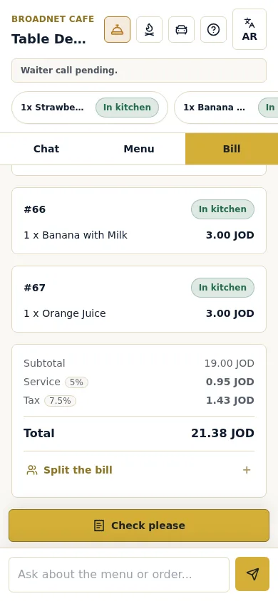 WaiterPilot live bill on a guest's phone: two orders in the kitchen, subtotal 19.00 JOD, Service 5% 0.95 JOD, Tax 7.5% 1.43 JOD, total 21.38 JOD, a Split the bill option and a Check please button.