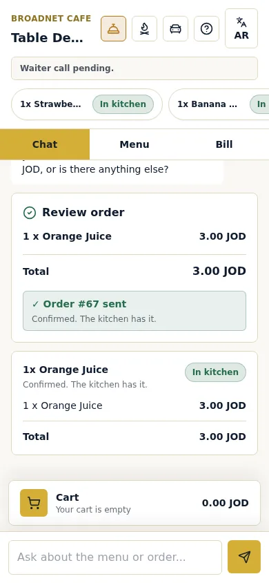 Guest phone showing Order #67 sent, Confirmed. The kitchen has it, and the orange juice card marked In kitchen.