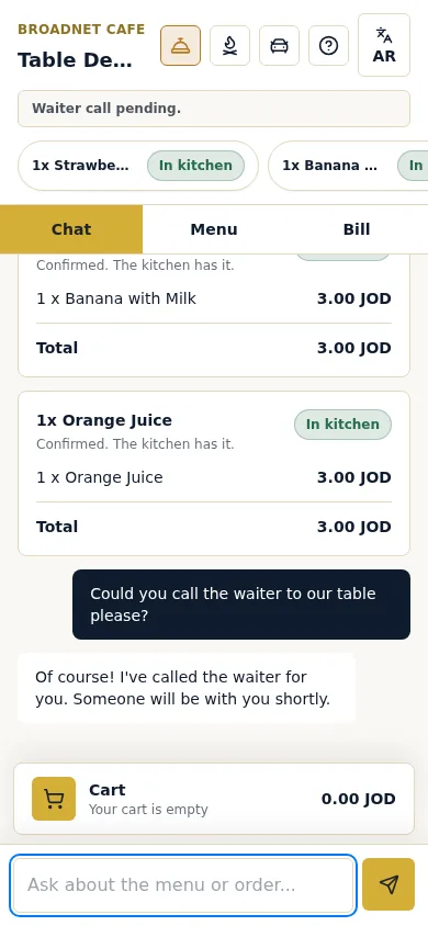 Guest phone: the guest writes Could you call the waiter to our table please; the chat replies that it has called the waiter, and a Waiter call pending bar shows at the top.