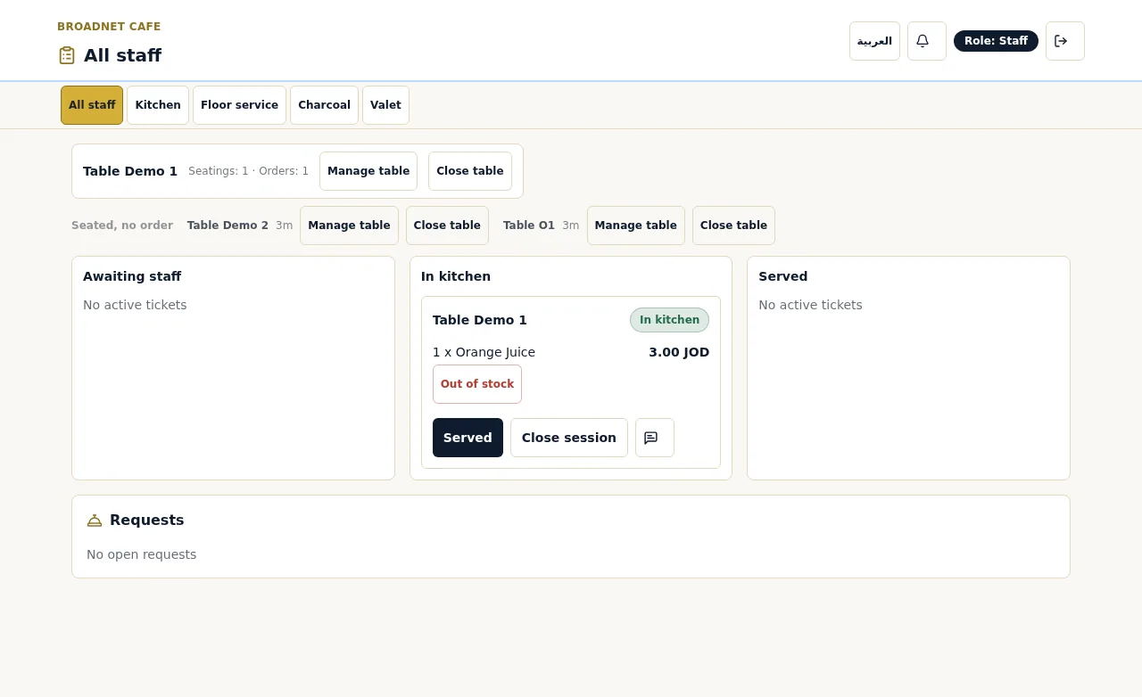 WaiterPilot staff board with the same order in the In kitchen column, showing an Out of stock button, a Served button and a Requests panel below.
